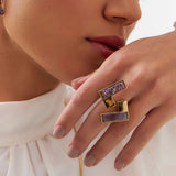 18k Gold Plated Ring with Amethyst and Multicolor Druse