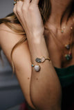 18k Gold Plated Bracelet with Baroque Pearl, Platinum Druse, Rose Quartz, Blue Quartz and Red Agate