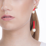 18k Gold Plated Earring with Pearl and Red Resin