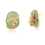 18k Gold Plated Earring with Green Quartz and Coral Resin