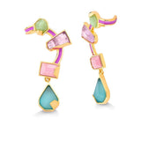 18k Gold Plated Earring with Sky Blue Agate, Amethyst, Rhodochrosite and Green Quartz