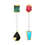 18k Gold Plated Earring with Malachite. Onyx, Red Feldspar, Turquoise Howlite and Baroque Pearls
