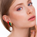 18k Gold Plated Earring with Malachite, Baroque Pearl and Red Resin