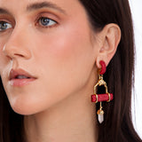 18k Gold Plated Earring with Red Feldspar and Crystal