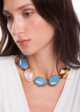 18k Gold Plated Necklace with Crystal, Mother of Pearl and Blue Wood