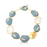 18k Gold Plated Necklace with Crystal, Mother of Pearl and Blue Wood