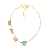 18k Gold Plated Necklace with Sky Blue Agate, Amethyst, Rhodochrosite, Green Quartz and Baroque Pearl
