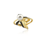 18k Gold Plated Ring with Pearl and Black Resin