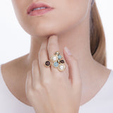 18k Gold Plated Ring with Pearl, Blue Agate and Wood