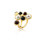 18k Gold Plated Ring with Pearl, Onyx and Wood