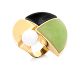 18k Gold Plated Ring with Black Obsidian, Howlite and Green Resin