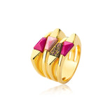 18k Gold Plated Ring with Pink Feldspar, Rhodochrosite and Multicolor Druse