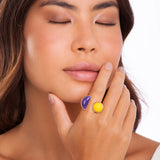 18k Gold Plated Ring with Yellow Quartz and Purple Resin