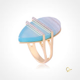 Gold Ring with Striped Blue Agate and Zirconia