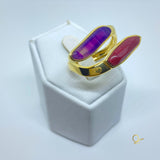 Golden Ring with Purple Agate and Red Feldspar
