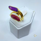 Golden Ring with Purple Agate and Red Feldspar