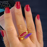 Golden Ring with Purple Agate and Red Feldspar