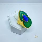 Gold Ring with Green Agate and Blue Feldspar