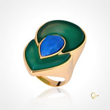 Gold Ring with Green Agate and Blue Feldspar