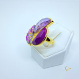 Gold Ring with Pearled Amethyst, Pink Pink Feldspar and Multicolored Druse
