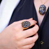 18k Gold Plated Ring with Black Druse