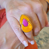 Gold Ring with Yellow Feldspar and Pink Pink Feldspar