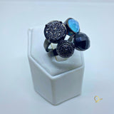 Black Rhodium Plated Ring with Blue Quartz, Onyx and Black Druse
