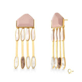 Golden Earring with Mother of Pearl, Crystal, Quartz and Rose Enamelled Wood