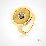 Gold Ring with Yellow Feldspar and Platinum Druse